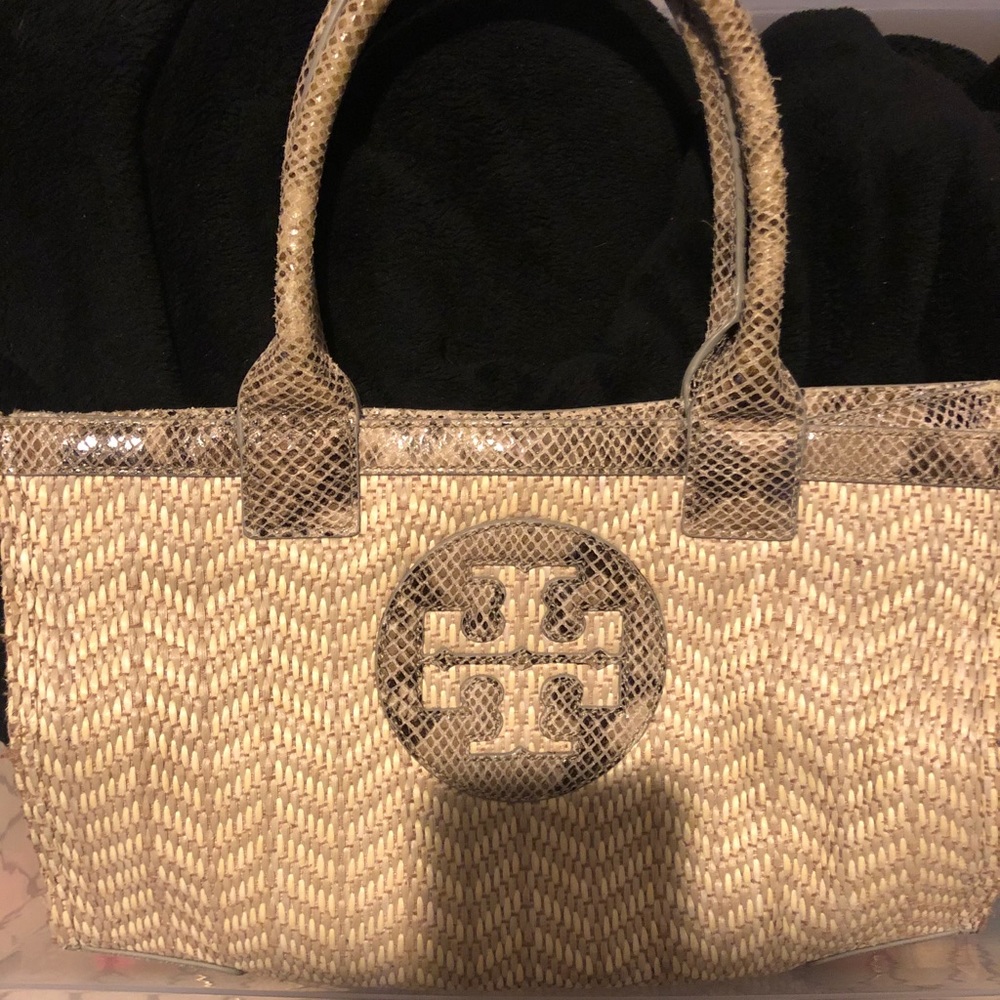 Tory Burch Snake Pattern Straw Tote